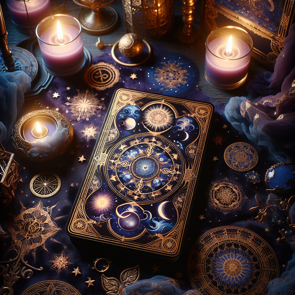 a mystically designed tarot deck on a velvet cloth, illuminated by candlelight, with celestial symbols and a warm, inviting ambiance