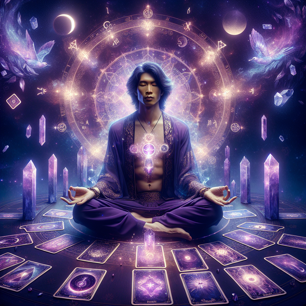 an individual meditating with tarot cards laid in a circle around them, surrounded by crystals and soft, ethereal light