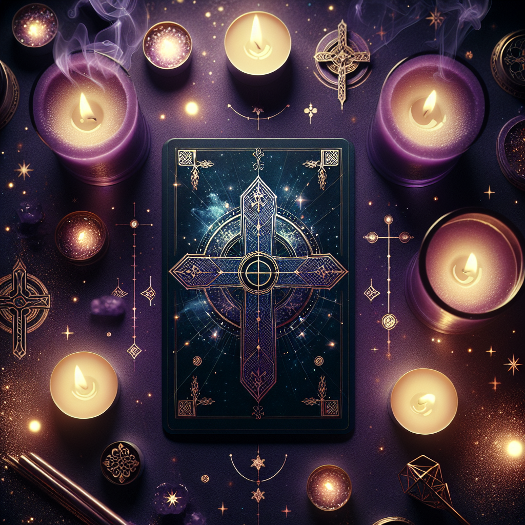 a beautifully arranged Celtic Cross tarot spread, surrounded by flickering candles and soft shadows, evoking a sense of mystery and discovery