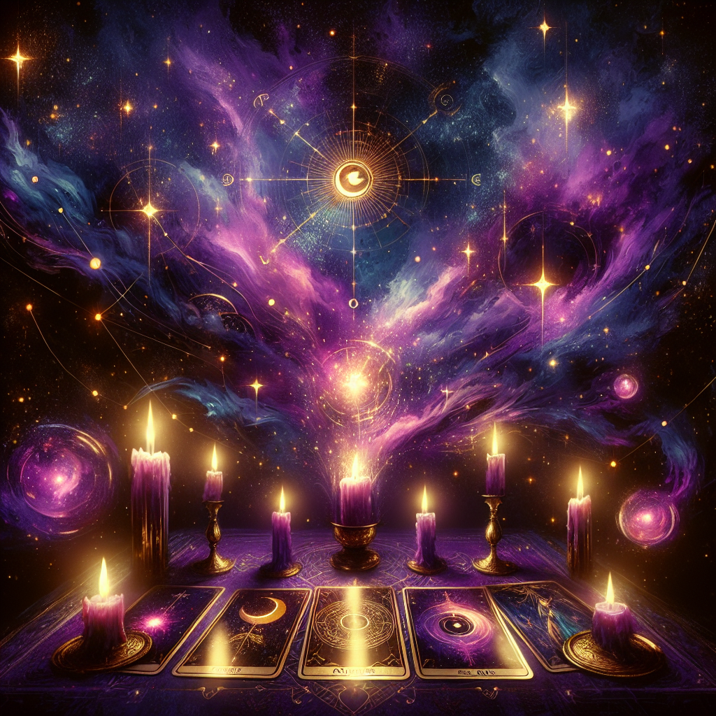 A mystical tarot spread with deep purple hues, accented by golden candlelight, depicting cards like *The Lovers* and *The Two of Cups* laid out under a starry night sky.