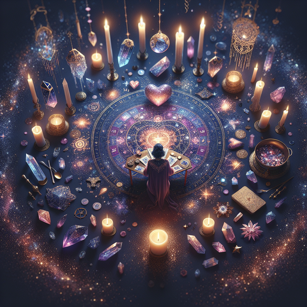 A serene setting with a tarot reader laying out a heart-shaped spread, surrounded by celestial elements, soft candlelight, and crystals.