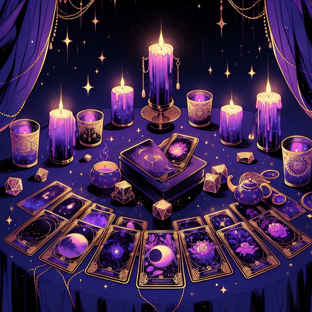 A mystical tarot table adorned with deep blue cloth, golden candle holders, and an open deck highlighting a handful of cards, symbolic of love and harmony, with a starry backdrop.