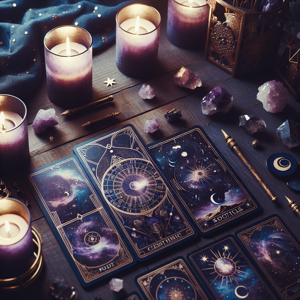A dimly lit room with a tarot deck spread out on a wooden table, surrounded by glowing candles, crystals, and a serene, mystical atmosphere