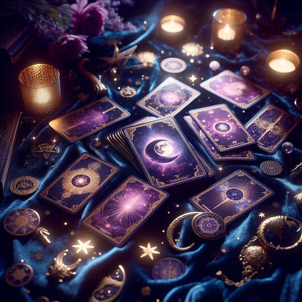 A spread of tarot cards on a velvety cloth, with a single card highlighted under moonlight, a mysterious and inviting scene