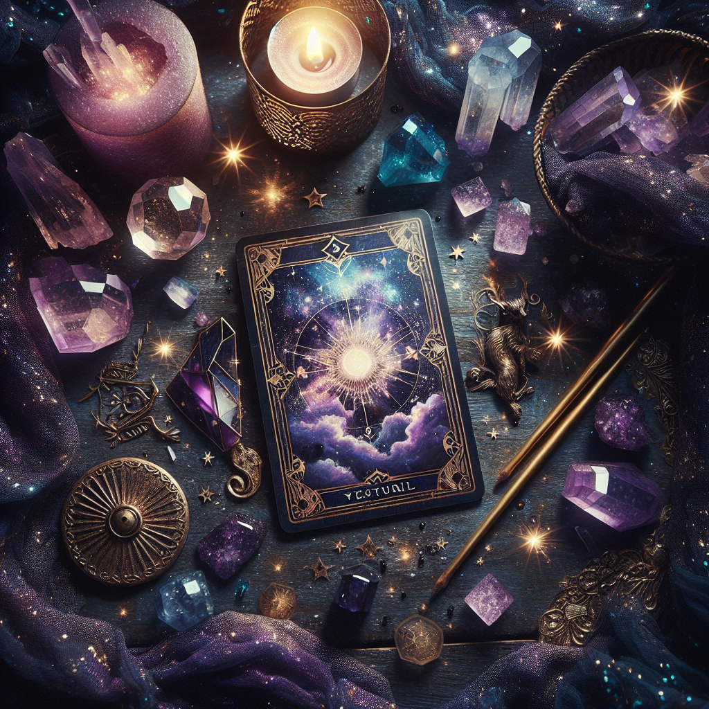 A serene night sky filled with stars, casting a gentle glow on a lone tarot card resting on a wooden table, surrounded by crystals and a single lit candle