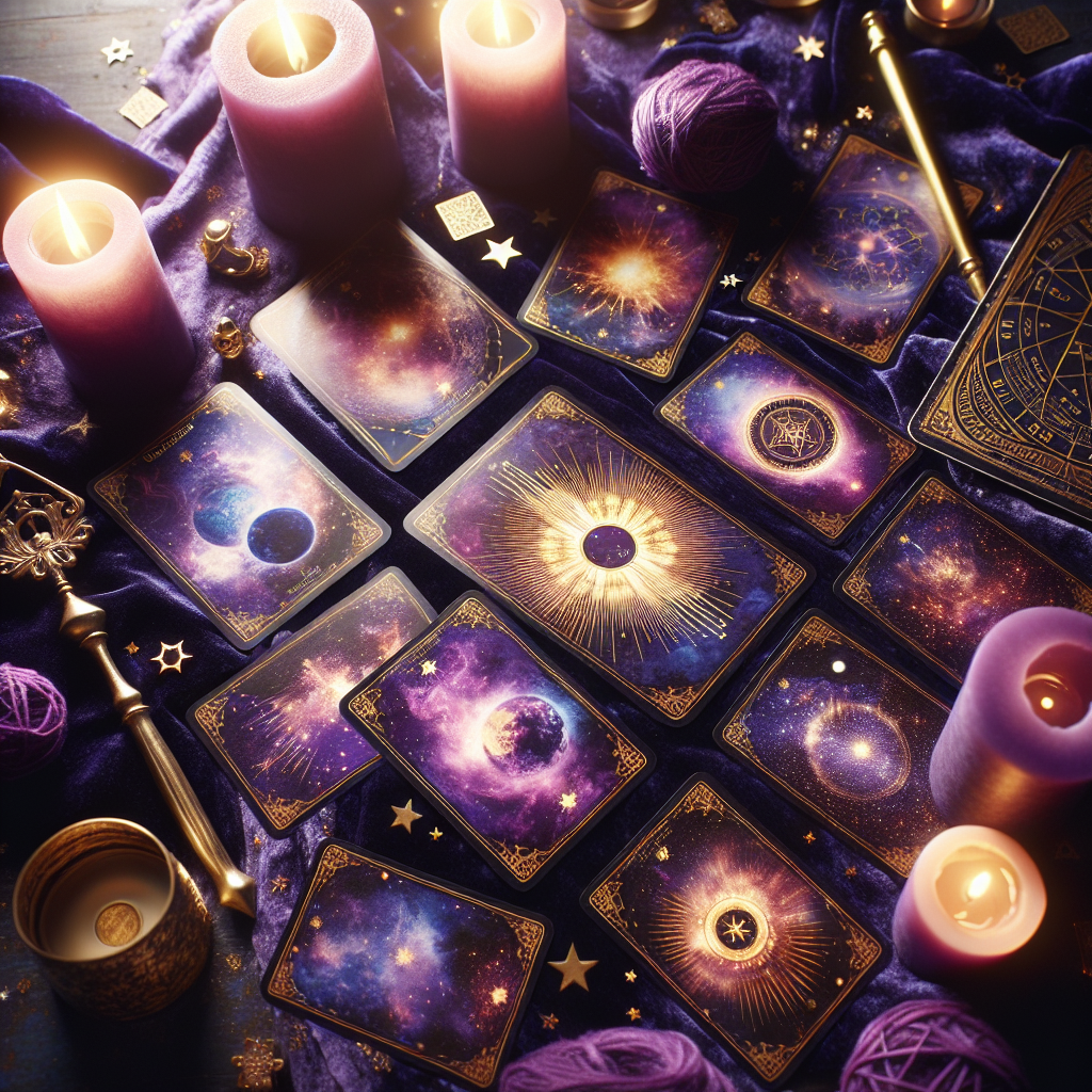 a mystical tarot card spread on a velvet cloth, illuminated by soft candlelight, with deep purples and gold accents creating a celestial atmosphere