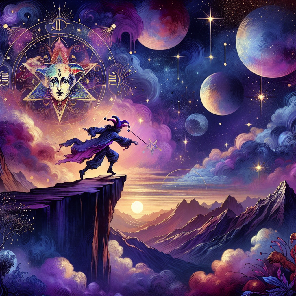 an illustration of the Fool card from a tarot deck, with a jester-like figure stepping off a cliff, set against a starry night sky with celestial elements