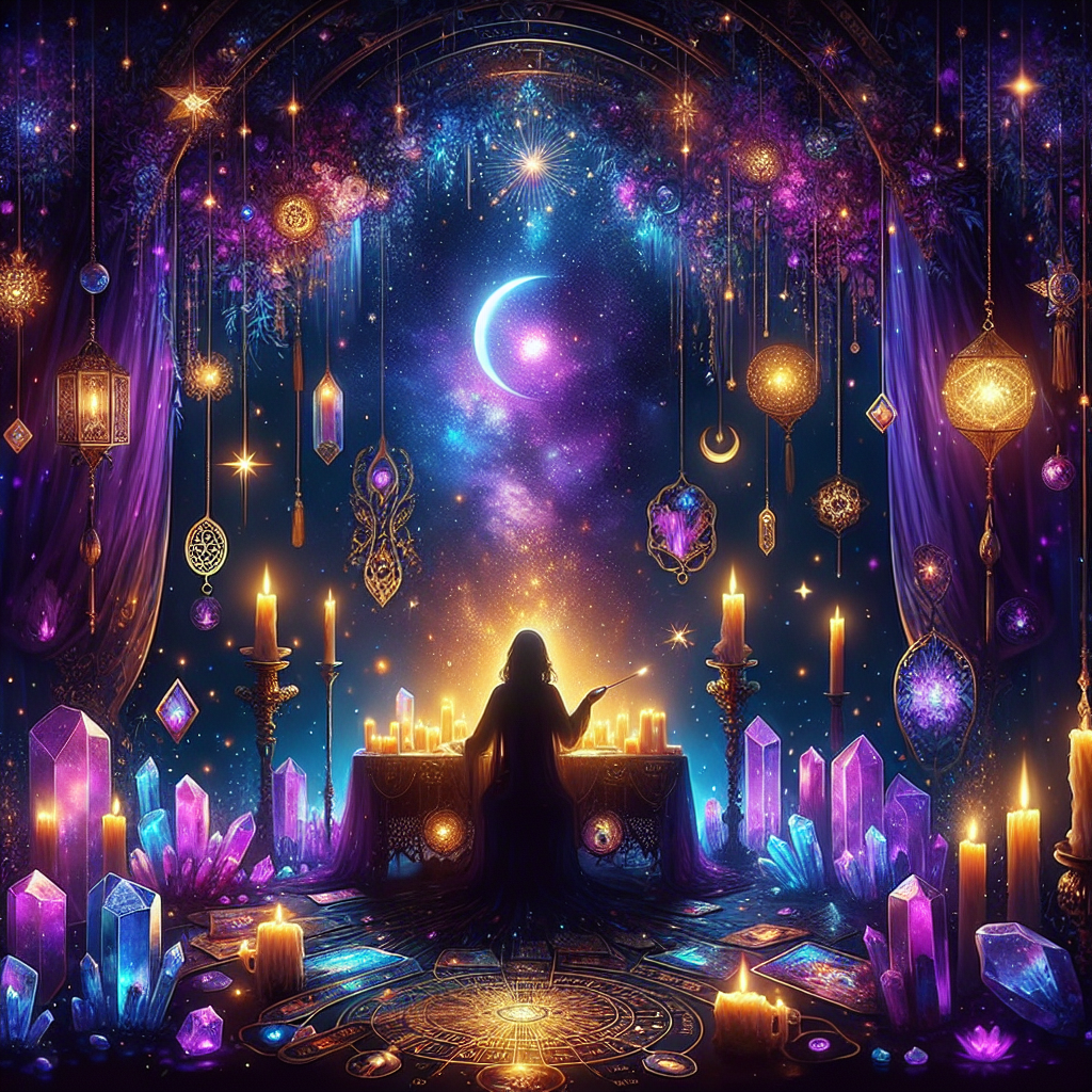 a mystical setting with a tarot card reader, surrounded by flickering candles and crystals, under a canopy of stars and a crescent moon