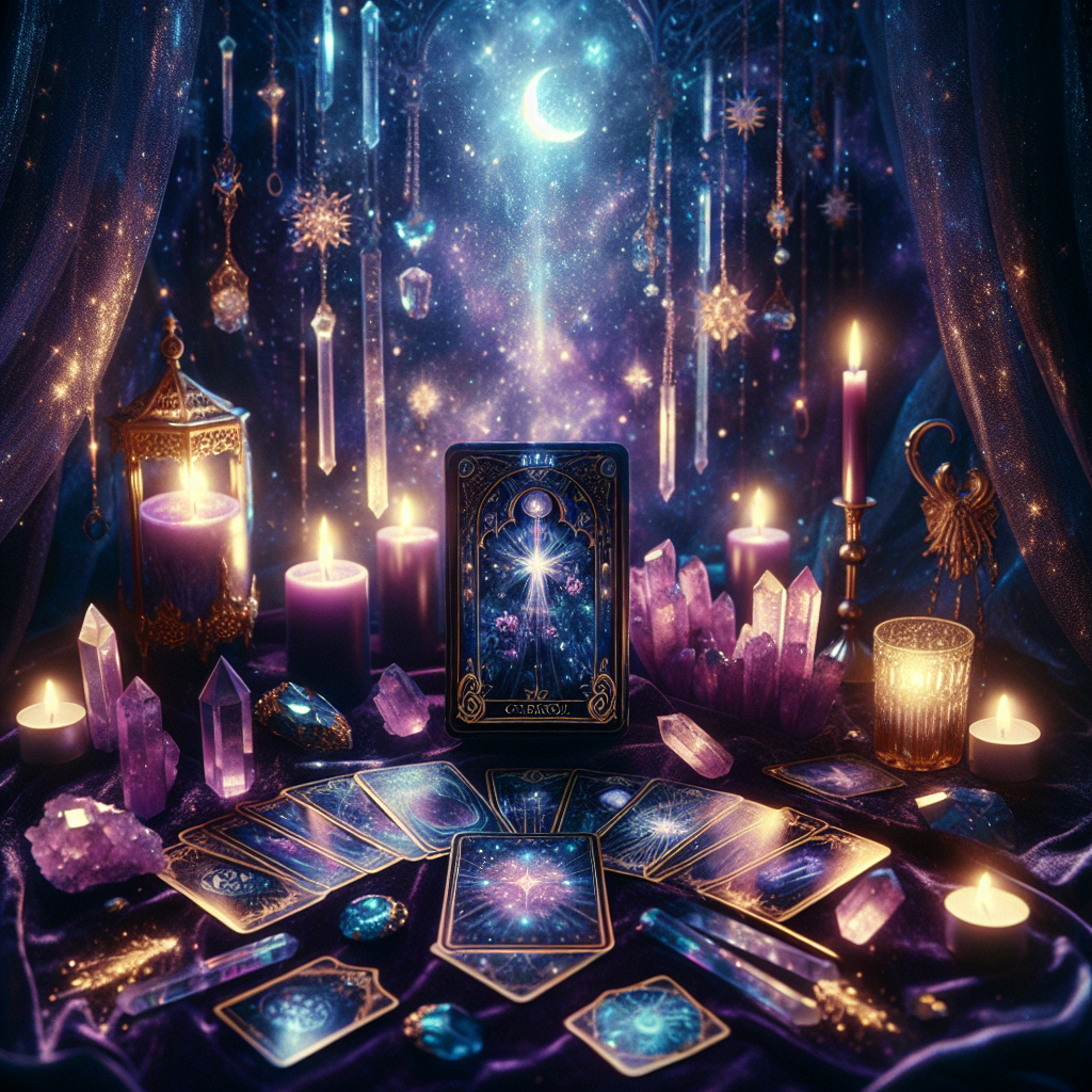 A tarot spread on a velvet cloth, surrounded by crystals and candles, under the soft glow of moonlight streaming through a window.
