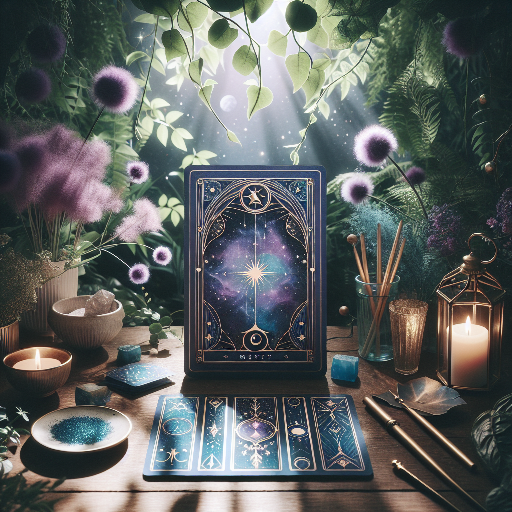 A mystical scene with a tarot deck on a wooden table, surrounded by lush greenery and dappled sunlight filtering through leaves.