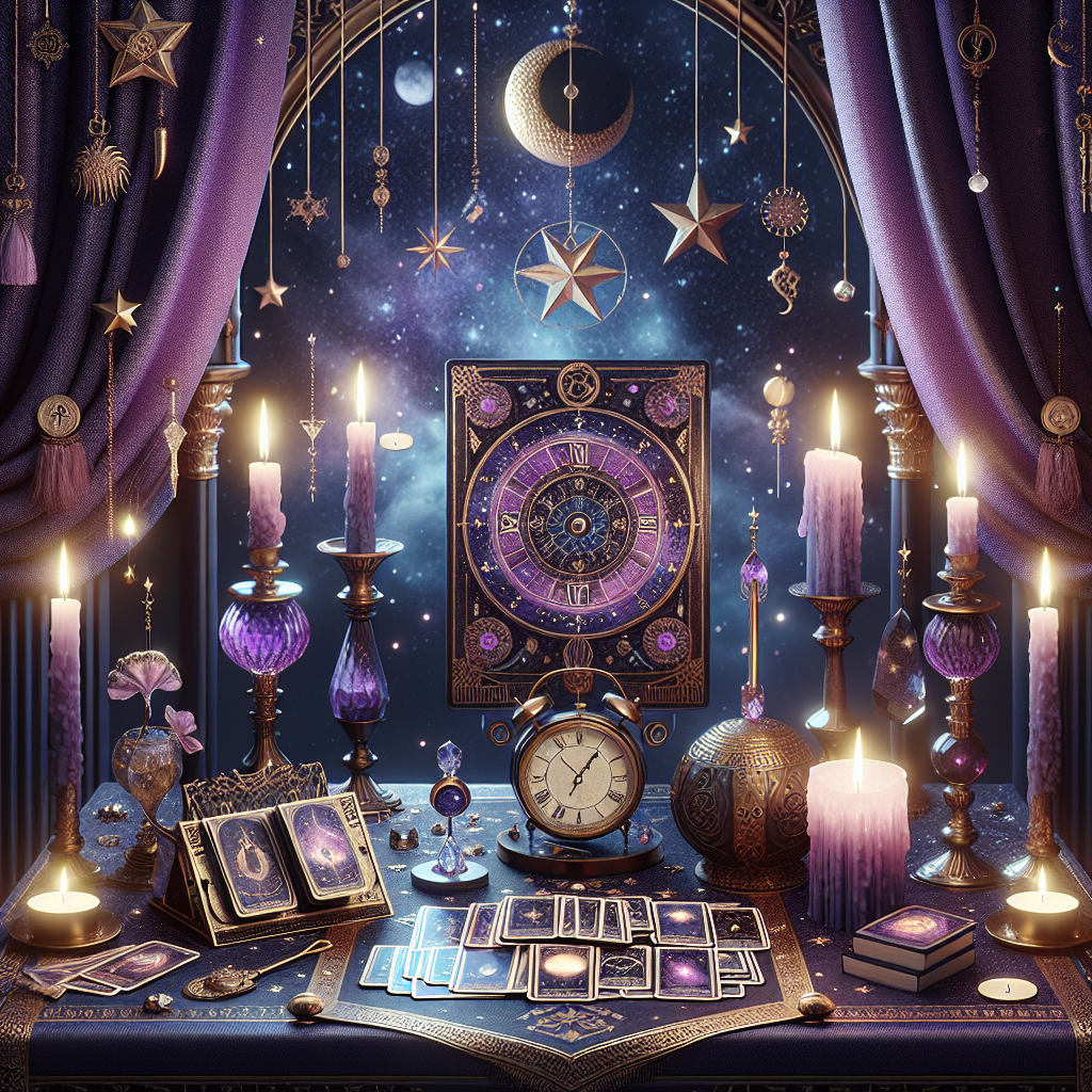 A candlelit altar with tarot cards, a crystal pendulum, and an ornate clock showing midnight against a starry backdrop.